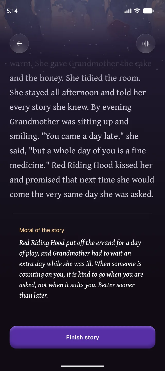 The moral shown at the end of one path through Little Red Riding Hood.