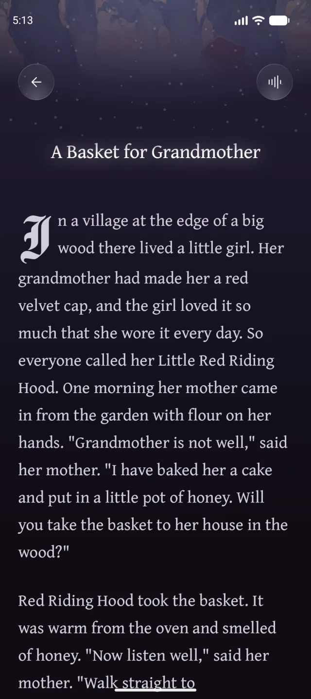 A page of Little Red Riding Hood being read in the Anyway app.
